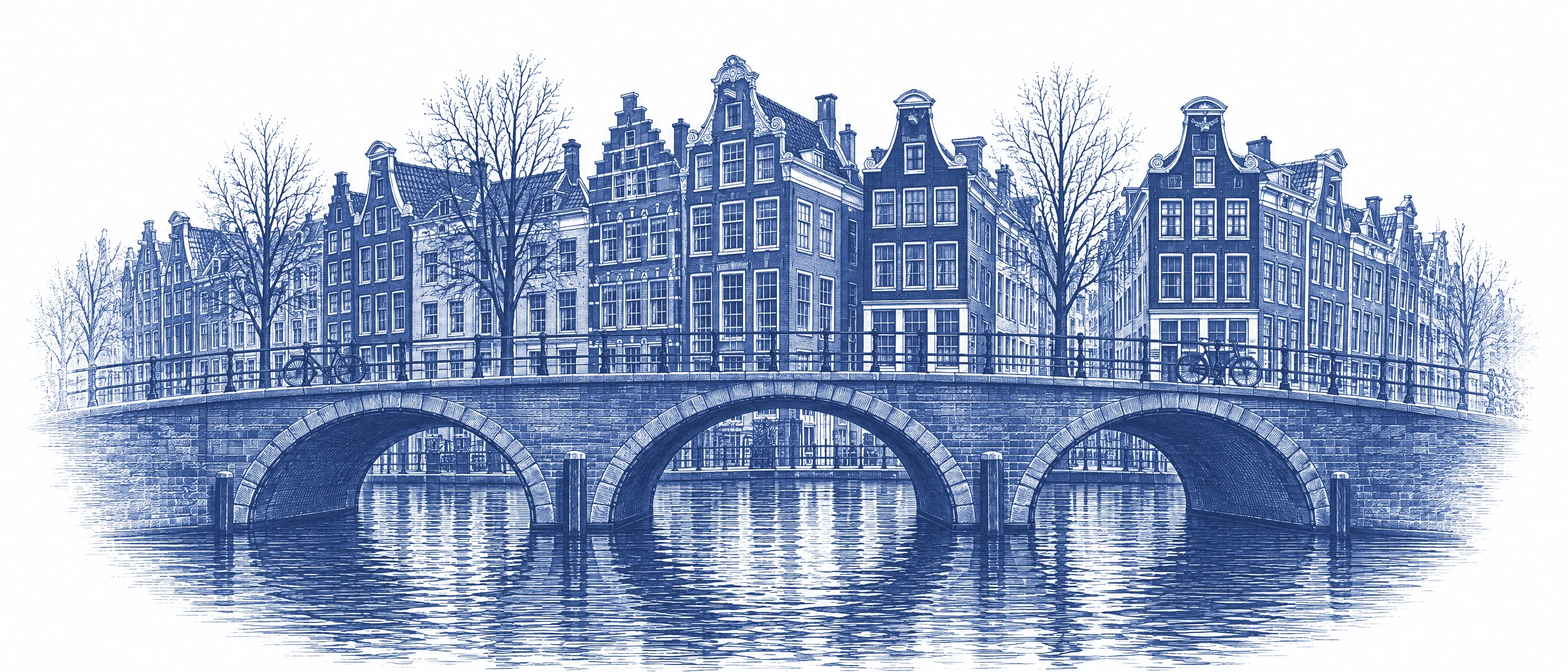 An engraving of an Amsterdam canal with gabled houses and an arched bridge